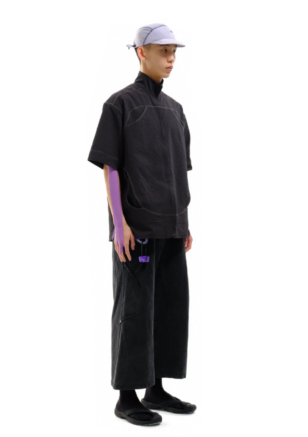 Seersucker Short-sleeve Blouse 立领泡泡纱短袖衬衫 - Black