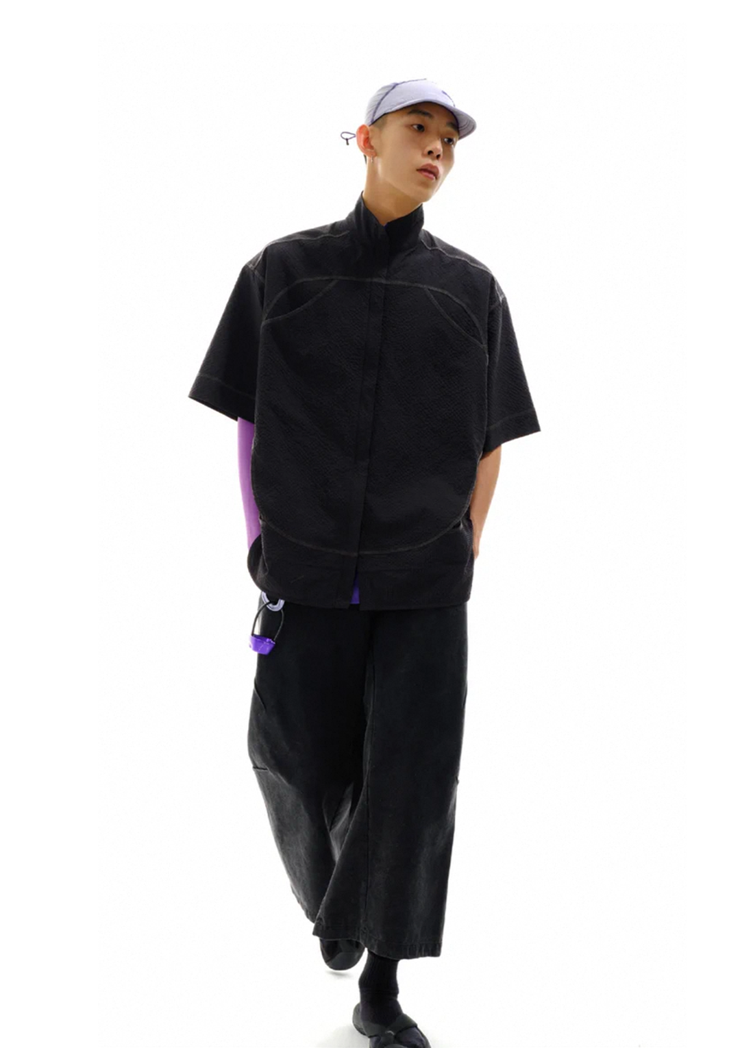 Seersucker Short-sleeve Blouse 立领泡泡纱短袖衬衫 - Black