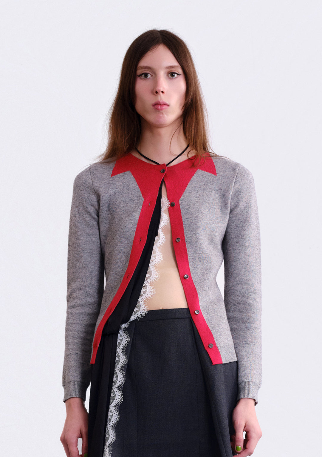 Graphic Collar Cardigan - Gray/Red