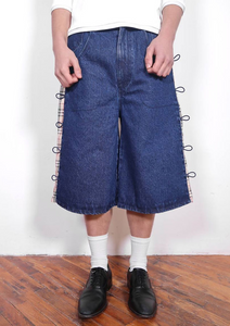 Side-Seam Flannel Button Jean Shorts