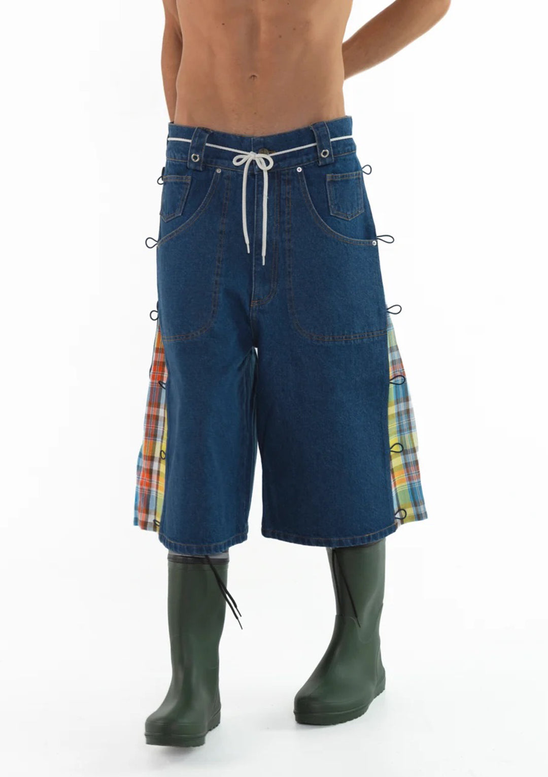 Side-Seam Flannel Button Jean Shorts
